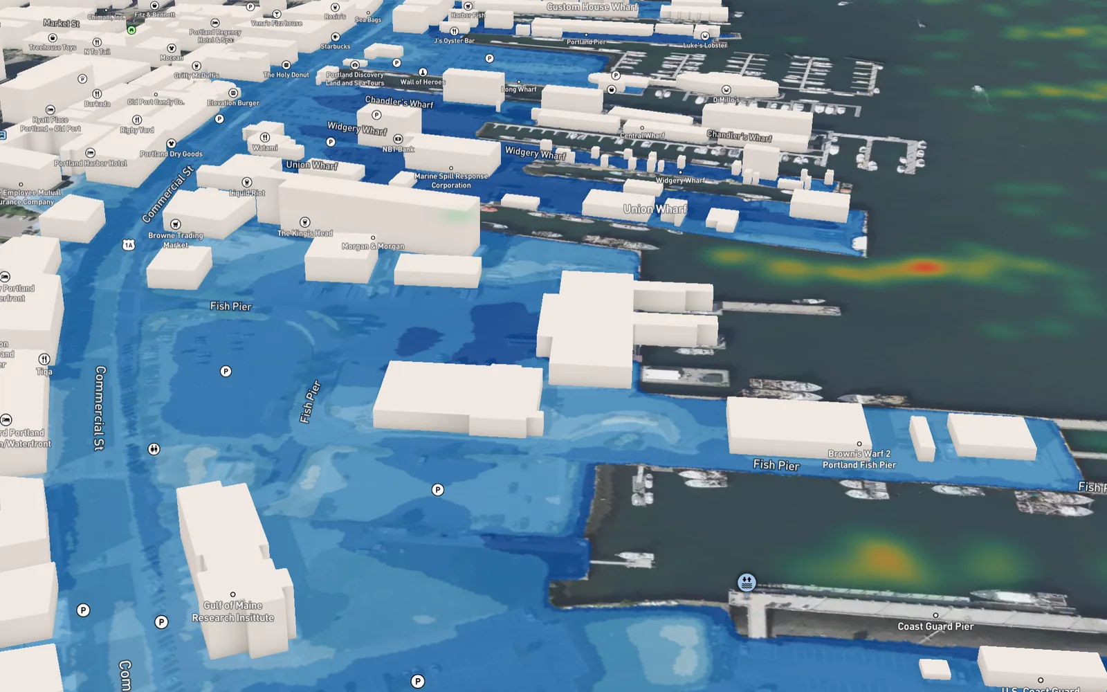 CUMULUS inundation map showing modeled flood extent across a working waterfront