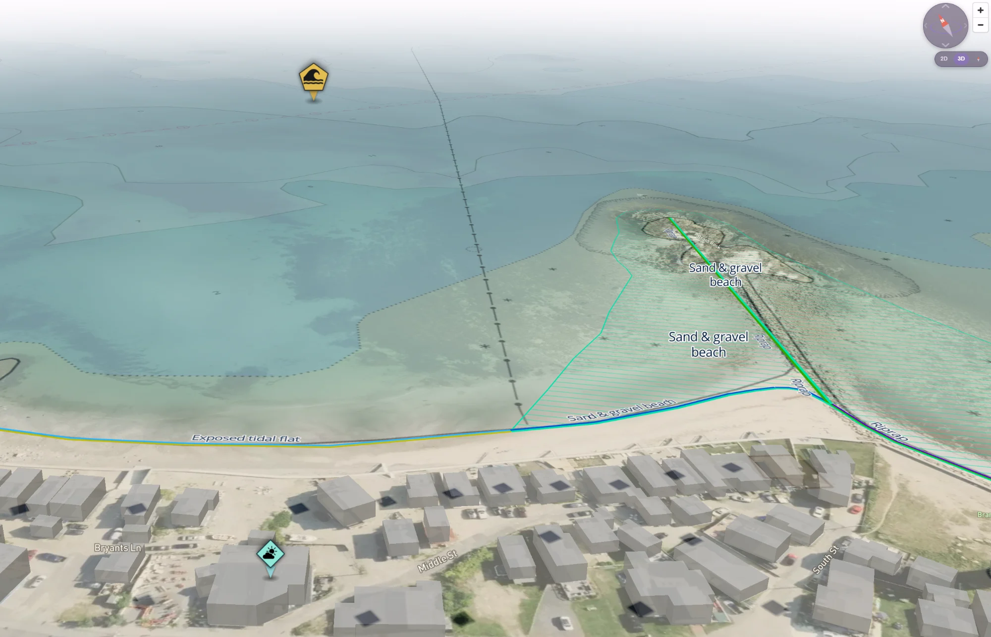 A 3D map of the shoreline at Brant Rock, Marshfield, showing the seawall, beach and nearshore bathymetry