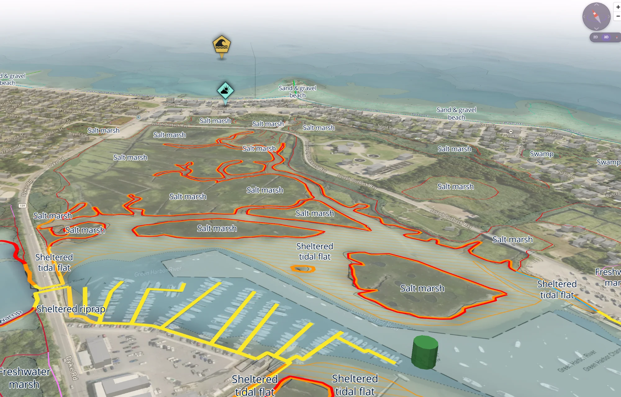 A 3D map of Green Harbor, Marshfield, with colour-coded shoreline classification over salt marsh and tidal flats