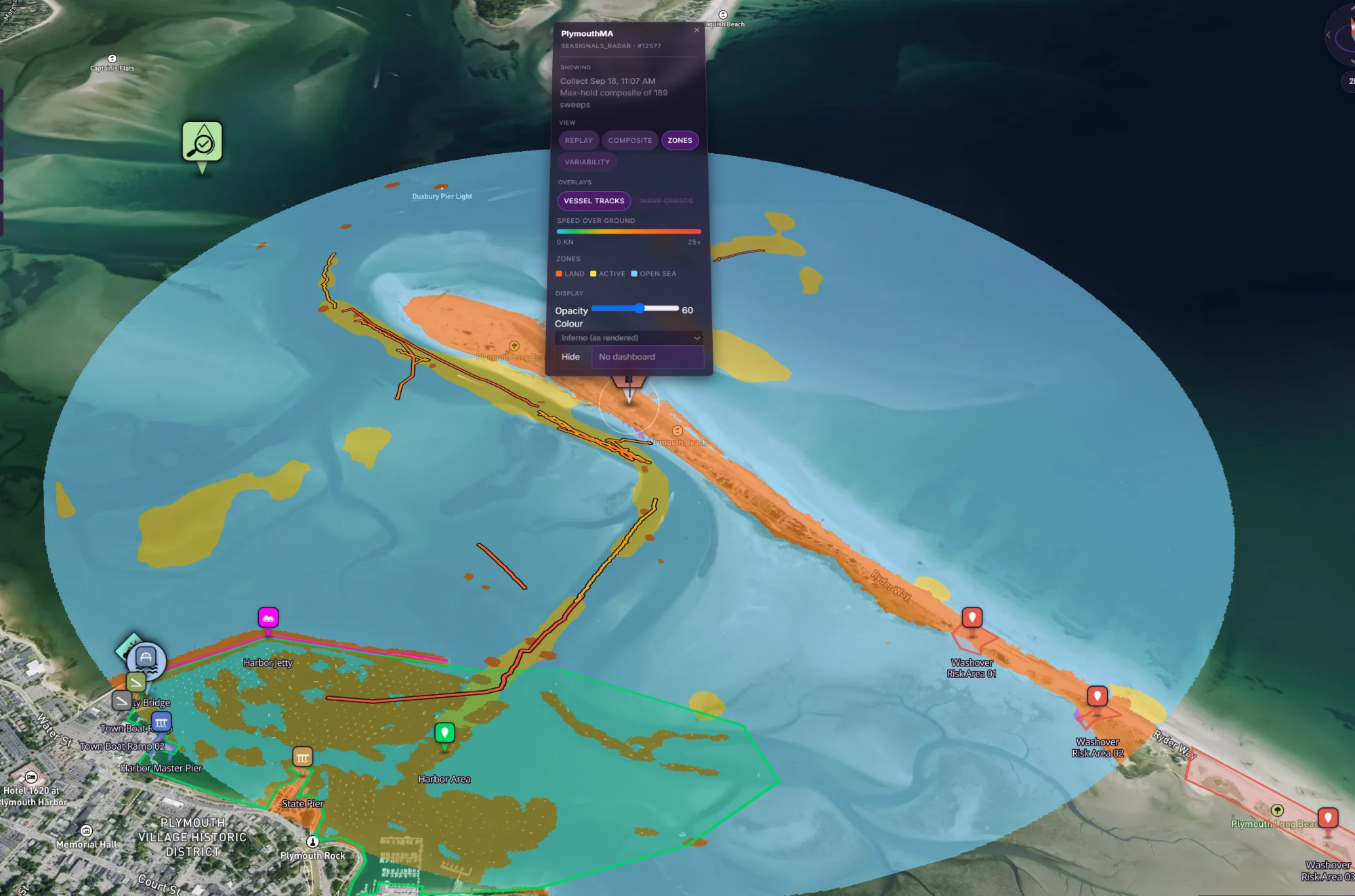 X-band radar coverage over Plymouth Beach in CUMULUS, with colour-coded zones and vessel tracks