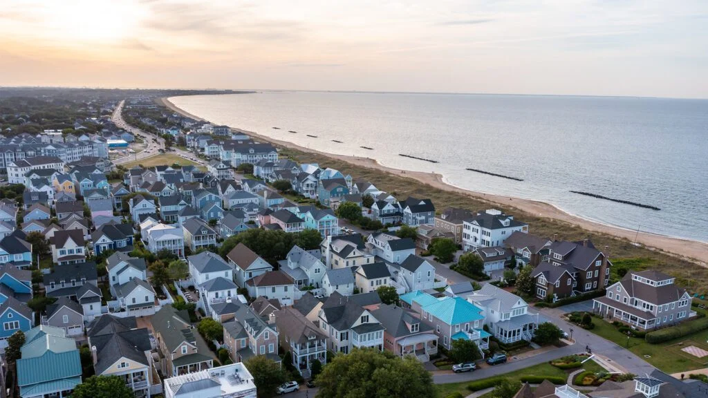 Aerial view of waterfront homes along the coast at Norfolk, Virginia